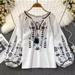 Imagem do Blusa Bordada Manga Lanterna Longa com Decote V para Mulheres, Moda Casual, Camisas Vintage, Tops Femininos Minoritários, Drop Shipping, Outono