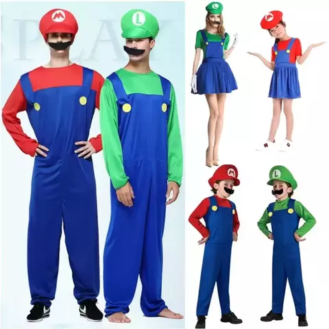Super luigi cosplay traje adulto macacão barba chapéu masculino e feminino conjunto criança traje de halloween