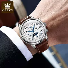 OLEVS-Relógio de pulso mecânico automático masculino, Moon Phase, Calendário, Impermeável, Aço inoxidável, Pulseira de couro, Original - loja online