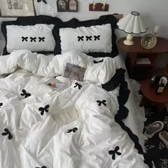 Conjunto de cama estilo princesa coreano para meninas, capa de edredão kawaii, arco preto, lençol macio para a pele, saia de cama, fronhas - Wolf Magazine