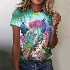 Lindo pavão padrão camiseta para mulheres flor colorida 3d impresso t camisas moda solta camisetas mangas curtas em torno do pescoço topos
