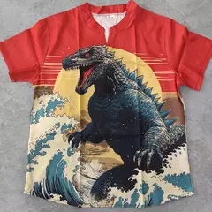 Imagem do Camiseta casual de manga curta estampada masculina, camisa Henry estilo japonês