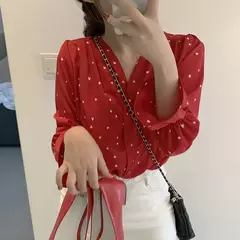 Camisa estampada amor com manga pétala, blusa com decote em v, manga comprida, moda doce, primavera e outono - Wolf Magazine