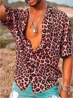 Camisa estampada de leopardo masculina, botão havaiano de manga curta diária, roupa casual confortável, novo, 2024 na internet