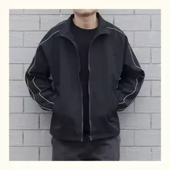 Blusão solto de retalhos masculino com bolsos, jaqueta bomber, zíper listrado, gola alta, impermeável, esportes ao ar livre, casual, outono na internet