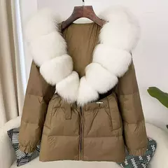 Oftbuy 2024 jaqueta de inverno feminina gola de pele de raposa natural real com capuz grosso quente 90% pato branco para baixo casaco feminino streetwear casual