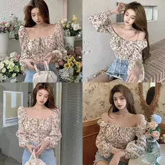 Camisa feminina de gola quadrada, manga folhada sensual, tops vintage com estampa floral, camisa que combina com tudo, primavera e verão na internet