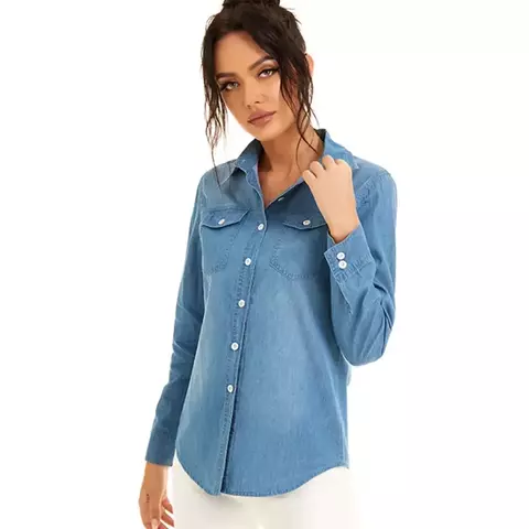 Camisa jeans azul clara feminina, camisas finas de algodão, blusas de manga longa para senhoras, roupas básicas de rua, tops, primavera 2022