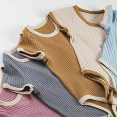 Imagem do Unisex manga curta cor sólida macacão, roupas de bebê, splicing e cores contrastantes, novo, 0 a 2 anos