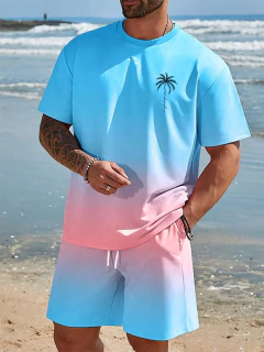 Camiseta de praia havaiana masculina, conjunto de 2 peças, manga curta, estampa palmeira, decote em O, moda exterior, casual, verão na internet