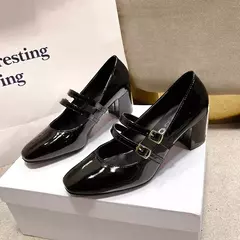 Imagem do Sapatos Mary Janes de fivela dupla feminina, couro envernizado, cabeça quadrada, salto quadrado, cor sólida, primavera, outono, 2022