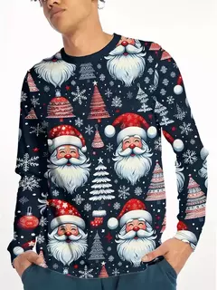 Feliz Natal camiseta de manga longa masculina, estampa 3D, padrão engraçado de Papai Noel, tamanho grande, tops, roupas - loja online