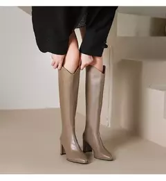 Botas de joelho com zíper alto para mulheres, salto alto grosso, simples, plus size, 34-43, outono, inverno, novo na internet