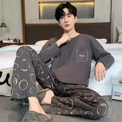 Pijama de algodão de duas peças masculino, calça de manga comprida, traje caseiro, estudante e adolescente, novo outono - comprar online