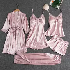 Conjunto de pijama feminino, roupão de seda, roupa de dormir, cami com decote em v, pijamas, pijamas, camisola primavera, 5 peças na internet