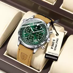 POEDAGAR-Relógio de pulso de couro masculino, Quartzo, Impermeável, Luminoso, Data, Cronógrafo, Militar, Esportes, Luxo - comprar online