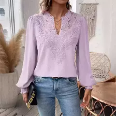 Elegante oco out camisa de renda feminina, pulôver profundo com decote V, blusa monocromática, jacquard lanterna manga longa tops, feminino - Wolf Magazine