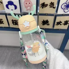 Garrafa de água Deer Horn para crianças, grande capacidade, copo de palha de plástico, estudante, menina kawaii, crianças, desenhos animados, 500ml