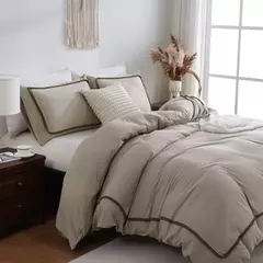 Soft Lightweight Duvet Cover Set, suave cama para baixo, bola Consolador, linha geométrica cama, toda a temporada, branco e cáqui, 3pcs - comprar online