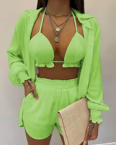 Fato de banho feminino de três peças, moda praia sexy, biquíni de cintura alta, maiô estampado, shorts para cobrir, moda praia de verão, novo 2024 - Wolf Magazine