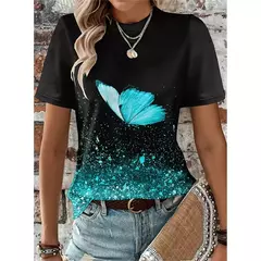 Camiseta colorida com padrão de borboleta feminina, camisetas estampadas com flores 3D, camiseta solta na moda, manga curta, tops redondos com pescoço, vívido - comprar online