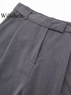 Willshela-Calças direitas femininas com fecho frontal, cintura alta, comprimento total, calças chiques femininas, monocromáticas, moda vintage, senhora - Wolf Magazine