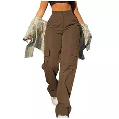 Calça de perna larga feminina, bolso com aba de rua, detalhes da fivela lateral, calças paraquedas hip hop, moda Y2K - comprar online