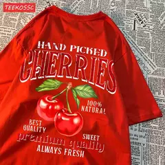Camisetas femininas de estampa de cereja colhidas a mão, camisetas de algodão, gola redonda grande, manga curta macia, roupas femininas de rua, moda - Wolf Magazine