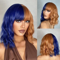 Halloween curto encaracolado bob perucas sintéticas dois tons cores vermelho e ciano onda de água peruca sintética com franja para mulher cosplay parte