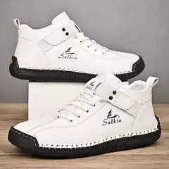 Botas de couro masculinas artesanais, sapatos casuais com renda, botas de tornozelo, sem amarração, tênis masculinos plus size, 39-48, outono