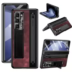 Suporte de couro caneta slot com stylus fold6 fold7 caso para samsung galaxy z fold 7 6 5 4 tela vidro filme dobradiça capa proteção
