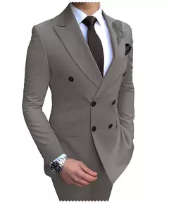 2024 novo terno masculino bege 2 peças duplo breasted notch lapela plana fino ajuste casual smoking para casamento (blazer + calças) - Wolf Magazine