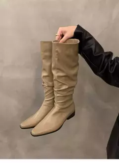 Botas altas para o joelho feminino, sapatos femininos, dobras deslizantes, salto baixo, dedo do pé redondo, plano, longo, moda, outono, inverno - loja online