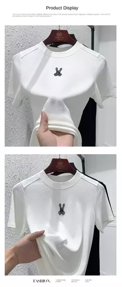 Top de diamante cintilante de manga curta feminino, estrela de diamante, coelho fashion, elástico alto, macio, grandes dimensões, verão, novo, top versátil - Wolf Magazine