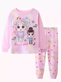 Desenhos animados unicórnio impressão algodão pijama conjuntos para meninas, gola casual, rosa, 2pcs na internet