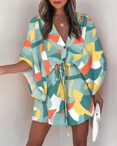Mini vestido solto com cordão feminino, manga de batwing, botão sexy, gola V, cobertura de festa, estampa moda praia, verão - loja online