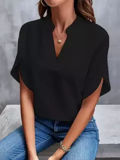 Blusa feminina elegante de manga curta com decote em v, camisa solta de cor sólida, tops brancos casuais, senhora do escritório, nova, verão