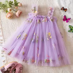 Vestido de malha bordado feminino, Alça de fada, Asas de arco traseiro, Princesa, Aniversário, Doces Bebés, Verão - loja online