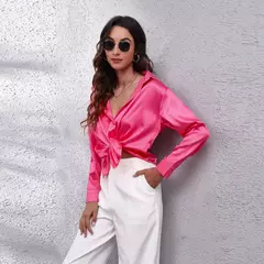 Blusa feminina de cetim manga longa, camisa cetim, tops de seda, vestuário europeu e americano, novo - Wolf Magazine