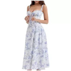 Vestido de verão estampado floral, Laço frontal feminino, Gola quadrada, Vestido de coxa dividido, Cinta de praia, Vestido de noite, Novo - Wolf Magazine