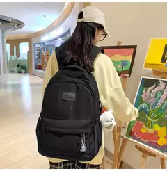 Mochila de grande capacidade para estudante, bolsa simples e versátil para menina, material poliéster unissex, decoração de boneca japonesa na internet