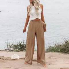 Calça larga de linho de algodão feminina, comprimento total, casual, monocromática, solta, cintura alta, reto, botão, verão