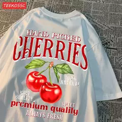 Camisetas femininas de estampa de cereja colhidas a mão, camisetas de algodão, gola redonda grande, manga curta macia, roupas femininas de rua, moda - loja online