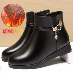 Imagem do Botas de couro de strass para mulheres, sapatos de salto baixo, cabeça redonda,
