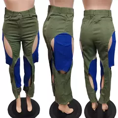 Contraste cor patchwork calças de perna larga, botão de cintura alta, fecho de zíper, oco para fora, calça reta, azul, verde - Wolf Magazine