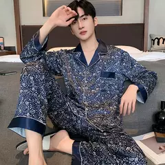 Conjuntos de pijama masculino de cetim de seda manga comprida, pijamas masculinos, camisola estampada, Casa, Soft Cozy Sleepwear Calças, Novo - comprar online