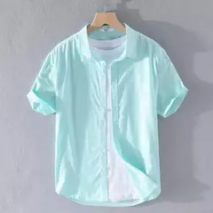 Camisa de linho de algodão manga curta masculina, cor sólida, simples, blusas casuais, tops finos respiráveis básicos, alta qualidade, moda verão