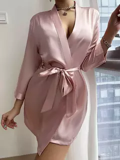 Mulheres cetim robe de noite, manga longa, decote V, cinto, roupa de dormir sólida