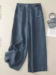Calça de perna larga feminina, cintura alta elástica, algodão e linho, calça casual, calça reta solta, retrô artística, amarela, verão - comprar online