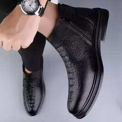 Botas Chelsea de couro genuíno masculinas, sapatos de negócios com pele, bota de inverno quente, couro de vaca, tendências da moda, novas